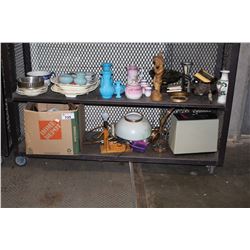 SHELF LOT OF LAMPS, SAFE AND MISC