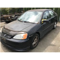 2002 HONDA CIVIC 4 DOOR SEDAN, BLACK, VIN # 2HGES16812H915958