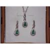 Image 4 : EARRINGS & NECKLACE - NEW PEAR FACETED EMERALD & DIAMONDS IN STERLING SILVER SETTING - INCLUDES CERT