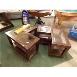 MAHOGANY COFFEE TABLE ON CASTERS - 2 PC USE SEPERATE AS END TABLES - OR TOGETHER AS COFFEE TABLE - W