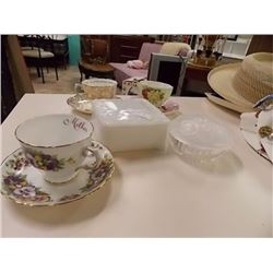 COLLECTABLE DISHWARE- CHINA  CUPS & SAUCERS PLUS MILK GLASS DISHES WITH  LIDS