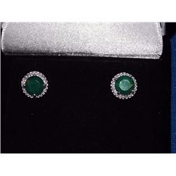 EARRINGS- NEW 2.25CT ROUND CUT RICH, DEEP GREEN EMERALD & DIAMONDS IN STERLING SILVER SETTING - INCL