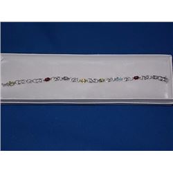 BRACELET - 9 OVAL FACETED MULTI GEMSTONES IN STERLING SILVER DOUBLE INFINITY DESIGNED LINK SETTING -