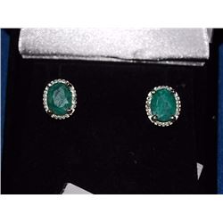 EARRINGS - NEW 3.8 CTW OVAL FACETED EMERALDS & ROUND FACETED DIAMONDS IN STERLING SILVER SETTING - I