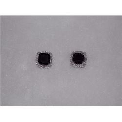 EARRINGS- NEW SQUARE CUT BLUE SAPPHIRE & DIAMONDS IN STERLING SILVER STUD DESIGN - RETAIL ESTIMATE $