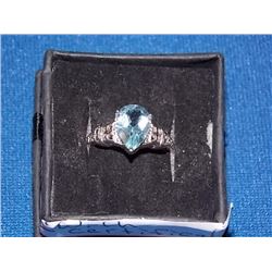 RING - 3.5CT PEAR FACETED BLUE TOPAZ & 2 ROUND FACETED DIAMONDS IN STERLING SILVER COCTAIL DESIGNED 