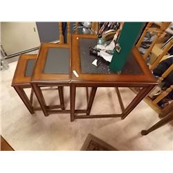 MAHOGANY NESTING TABLES - LEATHER INLAID TOPS 3 PC TTL