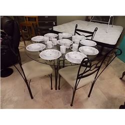 WROUGHT IRON TABLE & CHAIR SET - GLASS TOP TABLE INCLUDES 4 UPHOLTERED SEAT CHAIRS