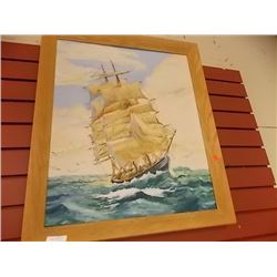 WOOD FRAMED PICTURE - TALL SHIP IN STORM