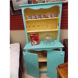WOOD PANTRY CABINET - PAINTED BLUE - 2 DOORS NEED REATTACHING