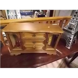 LARGE OAK JEWELRY BOX & CONTENTS - MUSICAL 19"W X 11.5" TALL