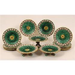 A Victorian Wedgwood Stanley Pattern Majolica Dessert Service, with basket weave and tortoiseshell d