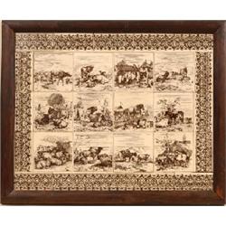 A Set of Minton & Hollins Tiles, farm animals, designed by W P Simpson, within a border, framed See