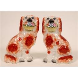 A Pair of 19th Century Staffordshire Dogs, holding flower baskets in their mouths, 20 cm See illust