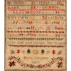 A Victorian Sampler, Maria Kimpton, 1855, incorporating the alphabet, numbers and crowns, 32 x 27 cm