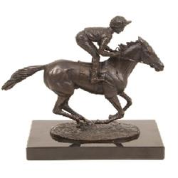 A Bronze Horse and Jockey, Champion's Finish signed David Cornell dated 1985 on a black marble plint