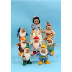 A Set of Chad Valley Snow White and The Seven Dwarfs Figures, with felt and cloth bodies See front