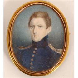 A 19th Century Oval Miniature, of Mr Bellew, on ivory, in a yellow metal case, with a lock of hair v