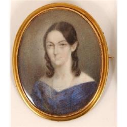 A 19th Century Oval Miniature, of Miss Anna Bellew, on ivory, in a yellow metal frame, 6.5 cm See i