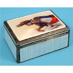 A Silver and Pale Blue Enamel Cigarette Box, the top decorated racing greyhounds, import marks for L