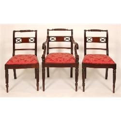 A Set of Six Regency Mahogany Dining Chairs, with rope twist crest rails, pierced and inlaid bar bac
