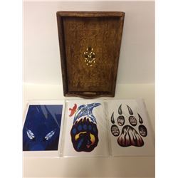 NATIVE ART PRINT LOT BY HUBERT BILLY W/ WOOD CARVED SERVING TRAY