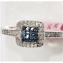 Sterling Silver Rhodium Plated Blue-Green Diamond (0.25ct) and White Diamond (0.2ct) Ring, Insurance