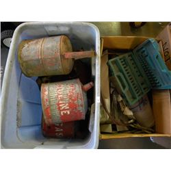 CRATE OF VINTAGE GAS CANS/BOX OF ASSORTED MISC ITEMS
