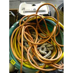 LARGE TUB OF MISC HOSES AND JUTE ROPE/PAPER SHREDDER