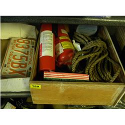 BOX OF FIRE EXTINGUISHERS/JUTE ROPE/MISC/VINTAGE BC LICENCE PLATES