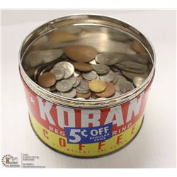 150+ WORLD COINS IN METAL TIN