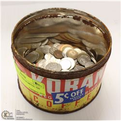150+ WORLD COINS IN METAL TIN
