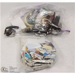 BAG OF ESTATE WATCHES, STAMPS AND COSTUME JEWELRY