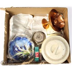 BOX OF ASSORTED DISHES, GLASSES, AND A CLAY CROC