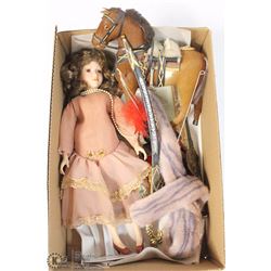 ESTATE BOX OF PORCELAIN DOLL, HORSE AND MISC