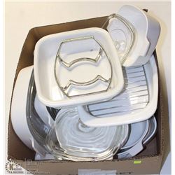 BOX OF CORELLE CASSEROLES AND BAKE WARE
