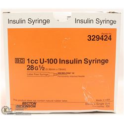 BOX OF 100  INSULIN SYRINGE 1CC 28G 1/2