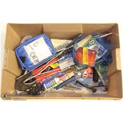 TOTE WITH ASSORTED HAND TOOLS, EMERGENCY FIRST AID