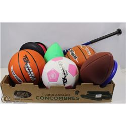 FLAT OF 2 BASKETBALLS,1 SOCCER BALL, FOOTBALL AND