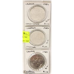 3 CANADIAN $1.00 COINS INCL 1982 CONSTITUTION,