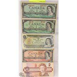 3 CANADIAN $1.00 BILLS AND 2 CANADIAN $2.00 BILLS