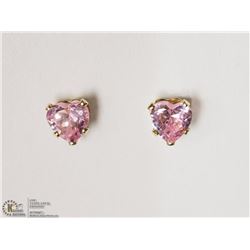 14KT YELLOW GOLD PINK CZ HEART SHAPED EARRINGS