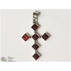 STERLING SILVER GARNET CROSS SHAPED PENDANT