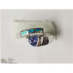 ST SILVER SIMULATED TANZANITE CREATED OPAL SIZE 7 RING