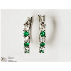 STERLING SILVER SIMULATED EMERALD HOOP EARRINGS