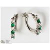 Image 2 : STERLING SILVER SIMULATED EMERALD HOOP EARRINGS