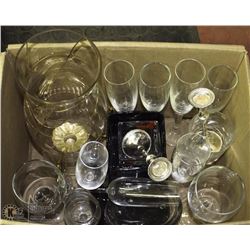 BOX OF GLASSWARE INCLUDES PRINCESS HOUSE CANDLE