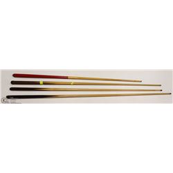 SET OF FOUR ASSORTED POOL CUES/STICKS
