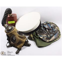 VINTAGE GAS MASK WITH CANISTER, NAVY HAT, 3 CAMO