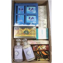 FLAT OF ASSORTED SOAPS AND BATH ITEMS